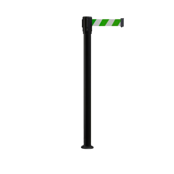 Montour Line Retractable Belt Fixed Stanchion, 2ft Black Post  7.5ft Grn/Wh Belt MX530F-BK-GWD-75